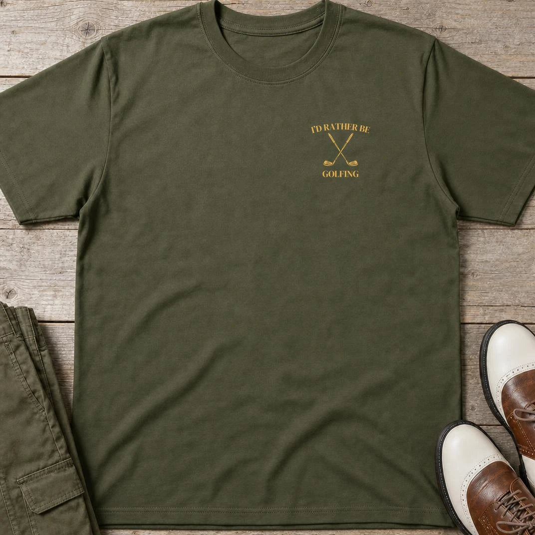 Rather Be Pocket T-Shirt in Military Green lying on a plain floor. T-shirt is a unisex cut and 100 per cent cotton.