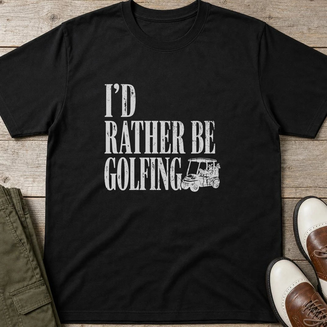 Rather Be Golfing II T-Shirt in Black lying on a plain floor. T-shirt is a unisex cut and 100 per cent cotton.