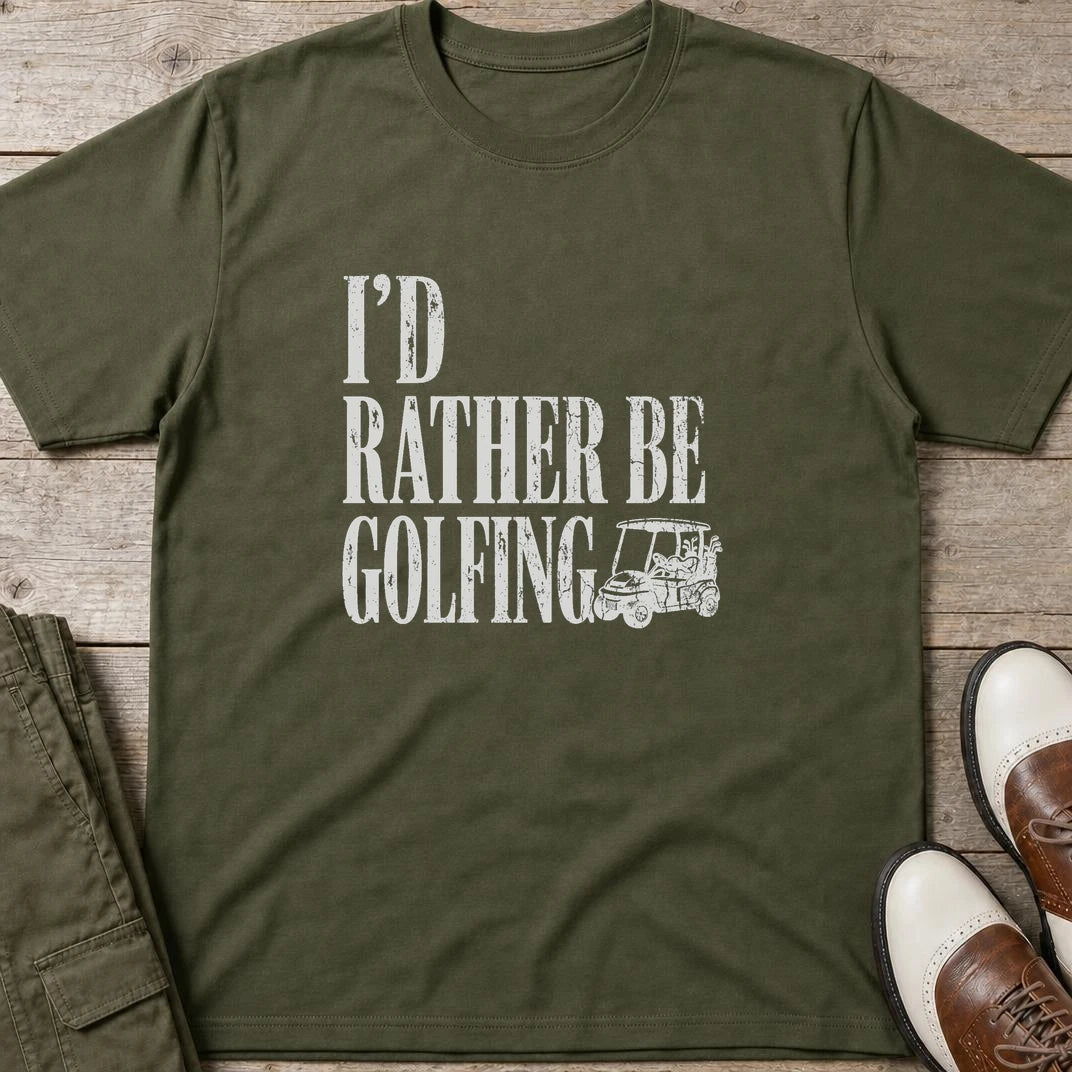 Rather Be Golfing II T-Shirt in Military Green lying on a plain floor. T-shirt is a unisex cut and 100 per cent cotton.