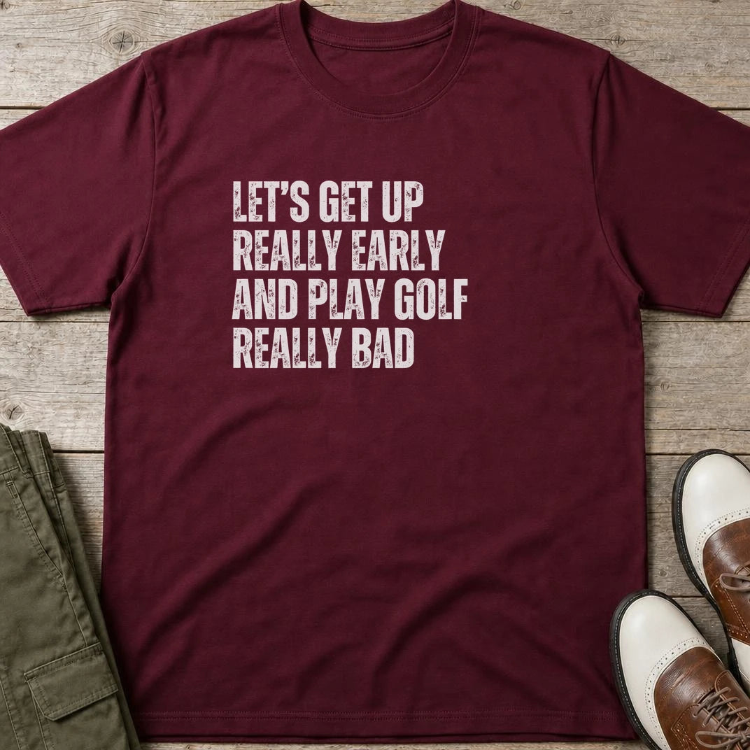Really Early T-Shirt in Maroon lying on a plain floor. T-shirt is a unisex cut and 100 per cent cotton.