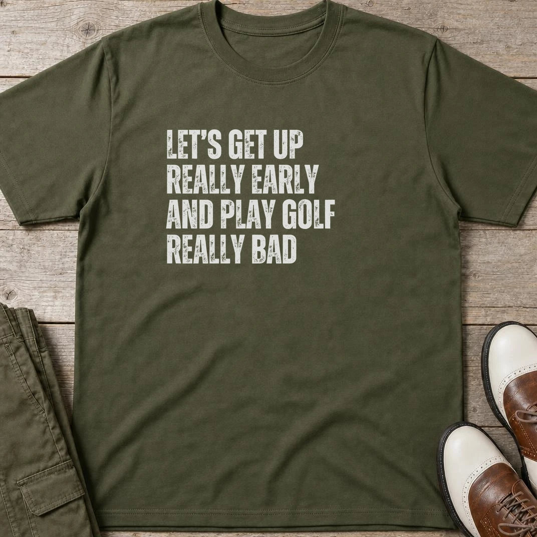 Really Early T-Shirt in Military Green lying on a plain floor. T-shirt is a unisex cut and 100 per cent cotton.