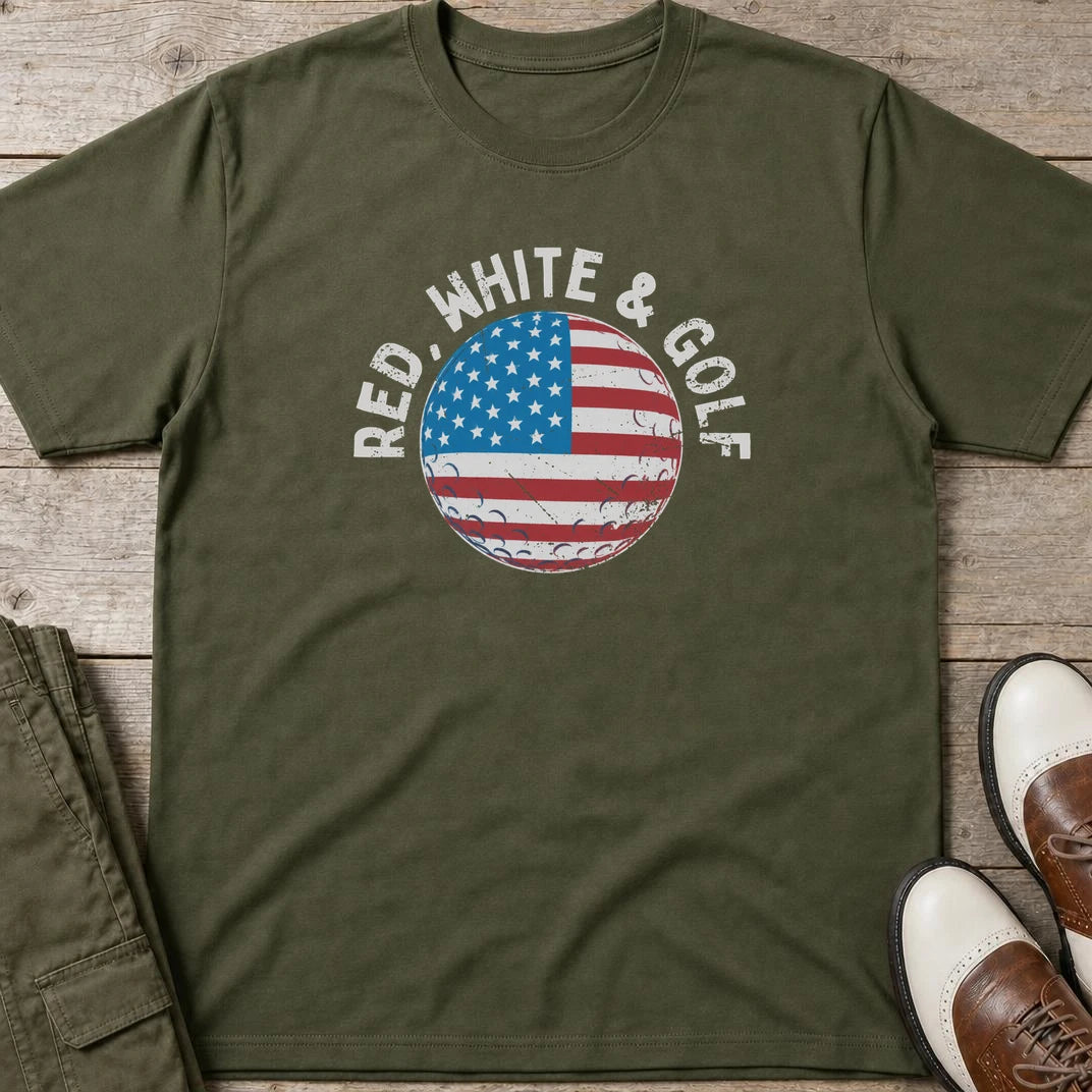 Red White & Golf T-Shirt in Military Green lying on a plain floor. T-shirt is a unisex cut and 100 per cent cotton.