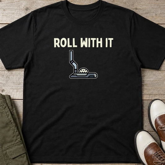 Roll With It T-Shirt in Black lying on a plain floor. T-shirt is a unisex cut and 100 per cent cotton.