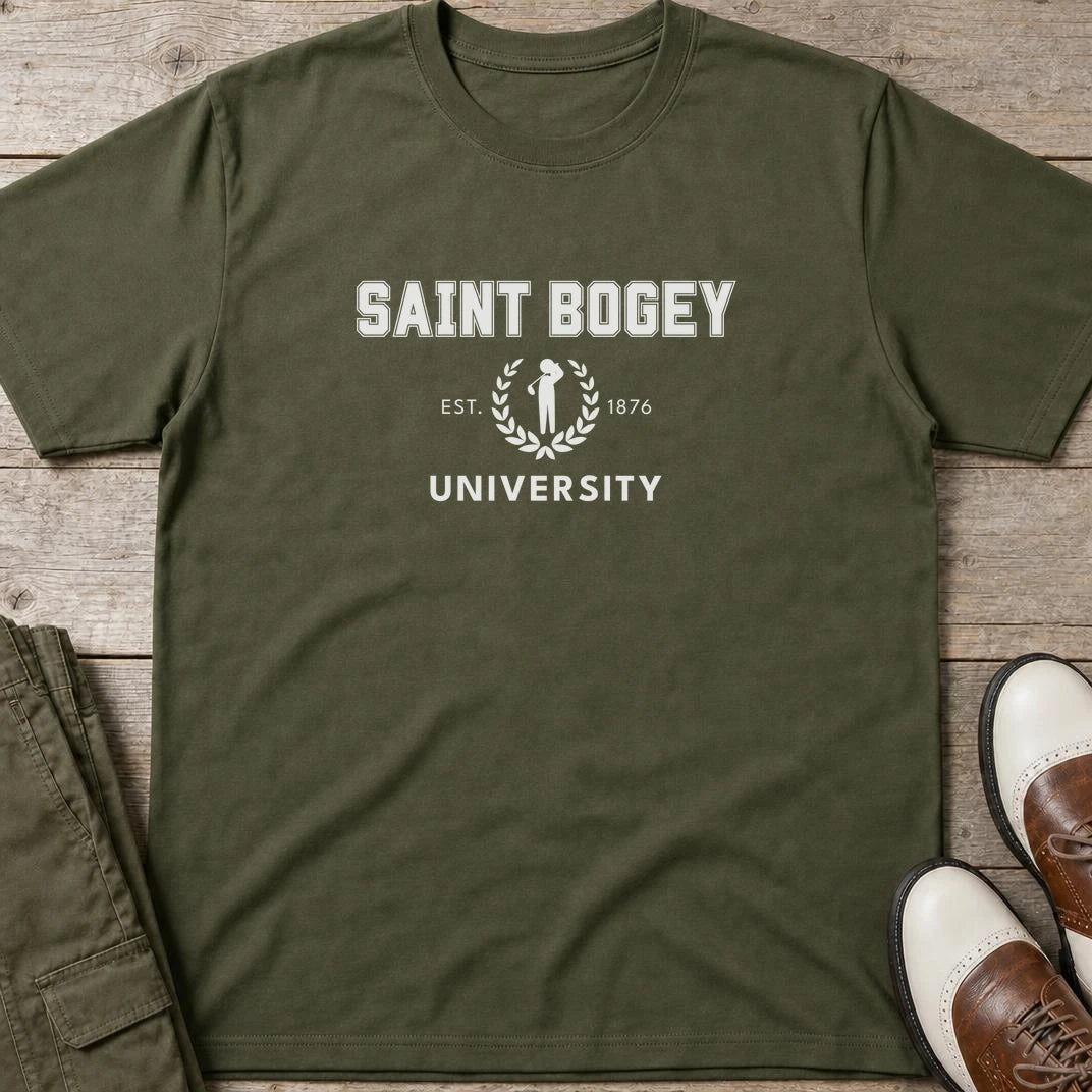 Saint Bogey T-Shirt in Military Green lying on a plain floor. T-shirt is a unisex cut and 100 per cent cotton.
