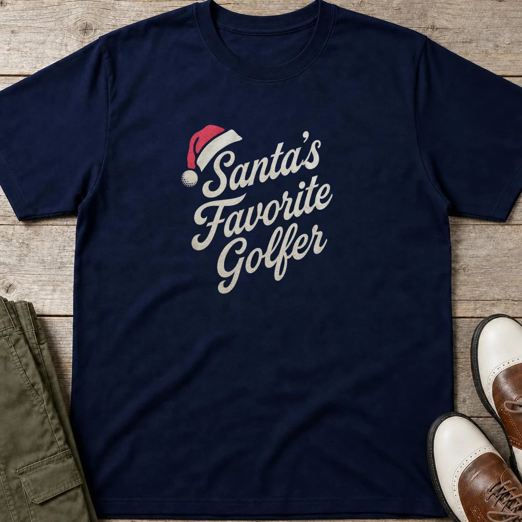 Santa's Favorite T-Shirt in Navy lying on a plain floor. T-shirt is a unisex cut and 100 per cent cotton.