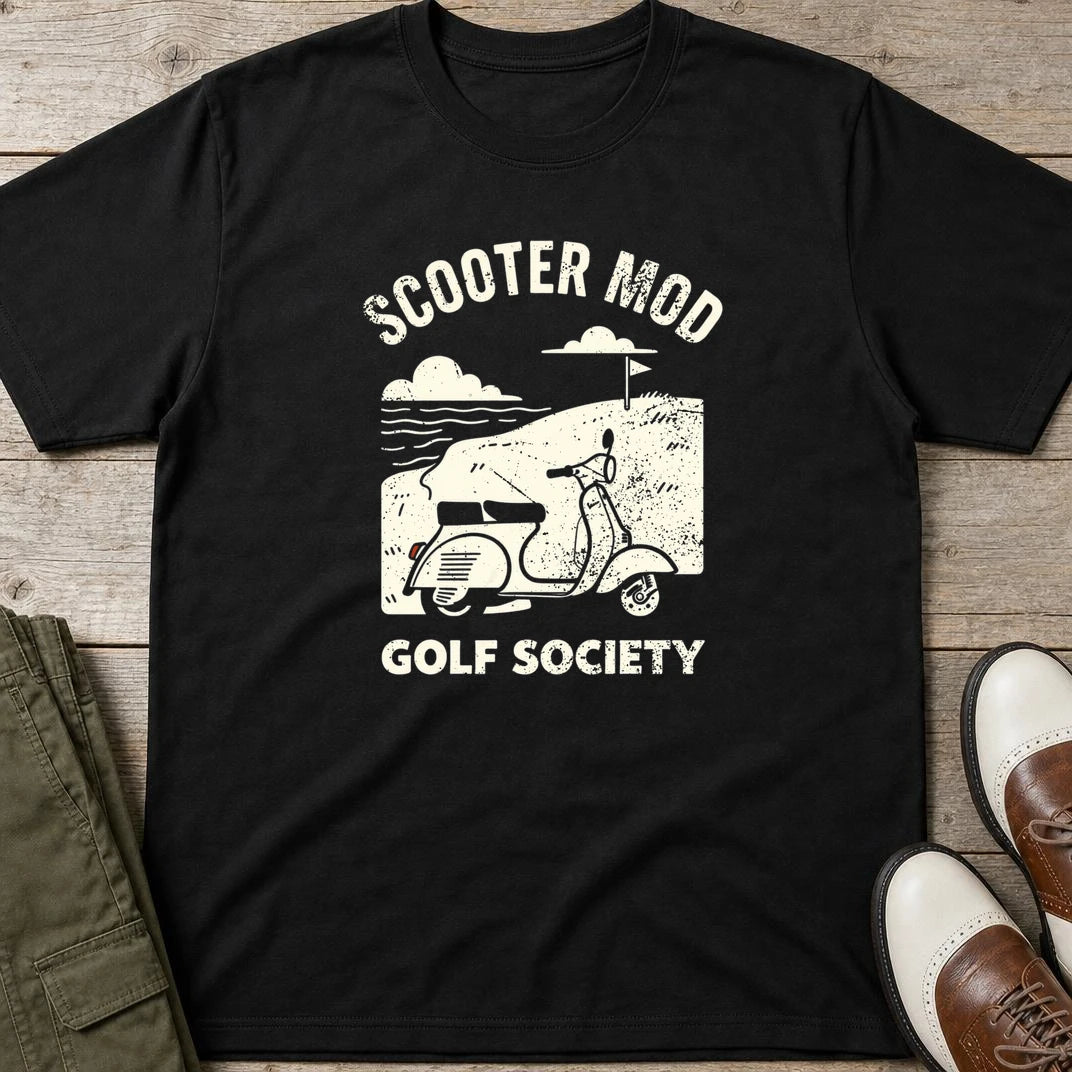 Scooter Mod T-Shirt in Black lying on a plain floor. T-shirt is a unisex cut and 100 per cent cotton.