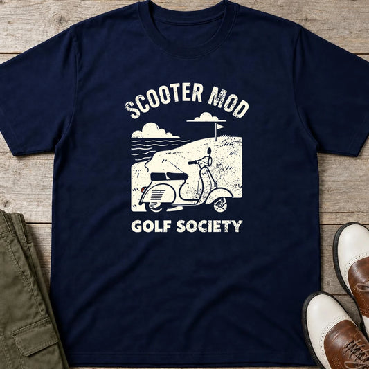Scooter Mod T-Shirt in Navy lying on a plain floor. T-shirt is a unisex cut and 100 per cent cotton.