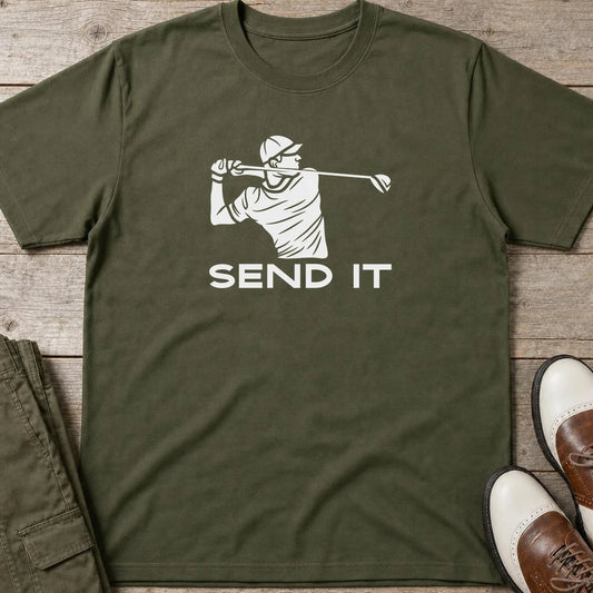 Send It T-Shirt in Military Green lying on a plain floor. T-shirt is a unisex cut and 100 per cent cotton.