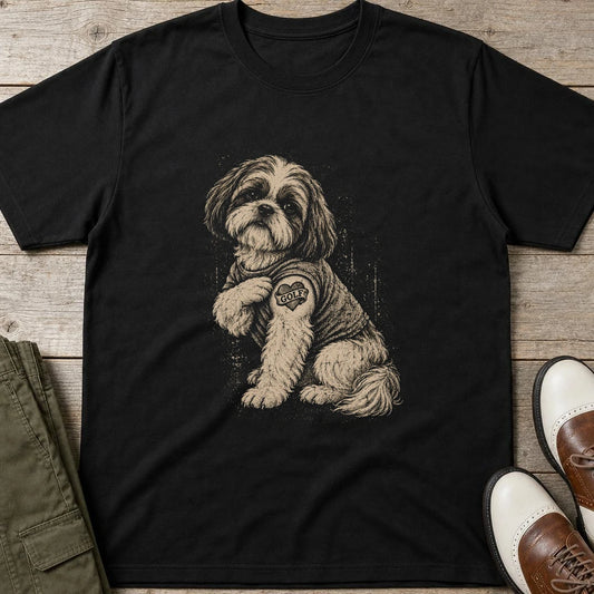 Shih Tzu T-Shirt in Black lying on a plain floor. T-shirt is a unisex cut and 100 per cent cotton.