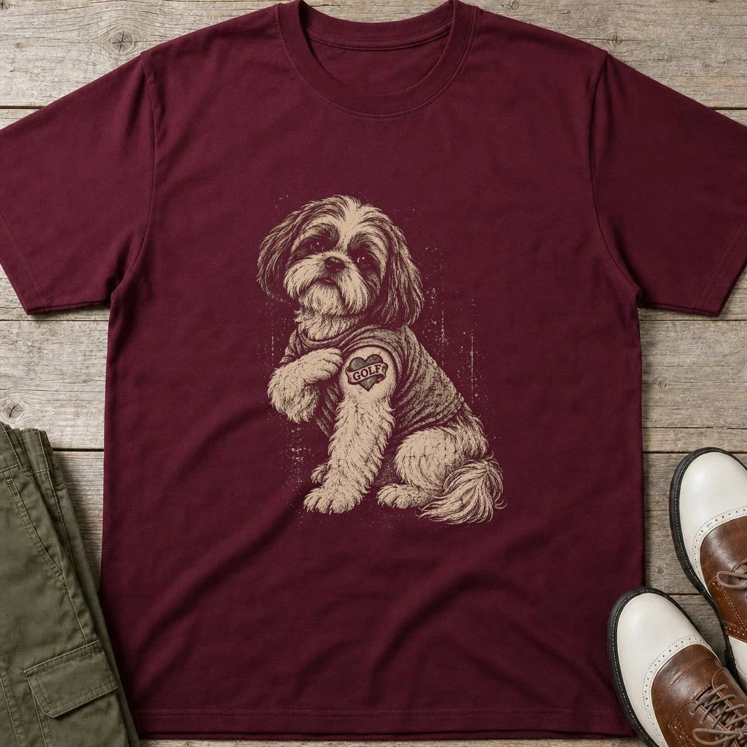 Shih Tzu T-Shirt in Maroon lying on a plain floor. T-shirt is a unisex cut and 100 per cent cotton.
