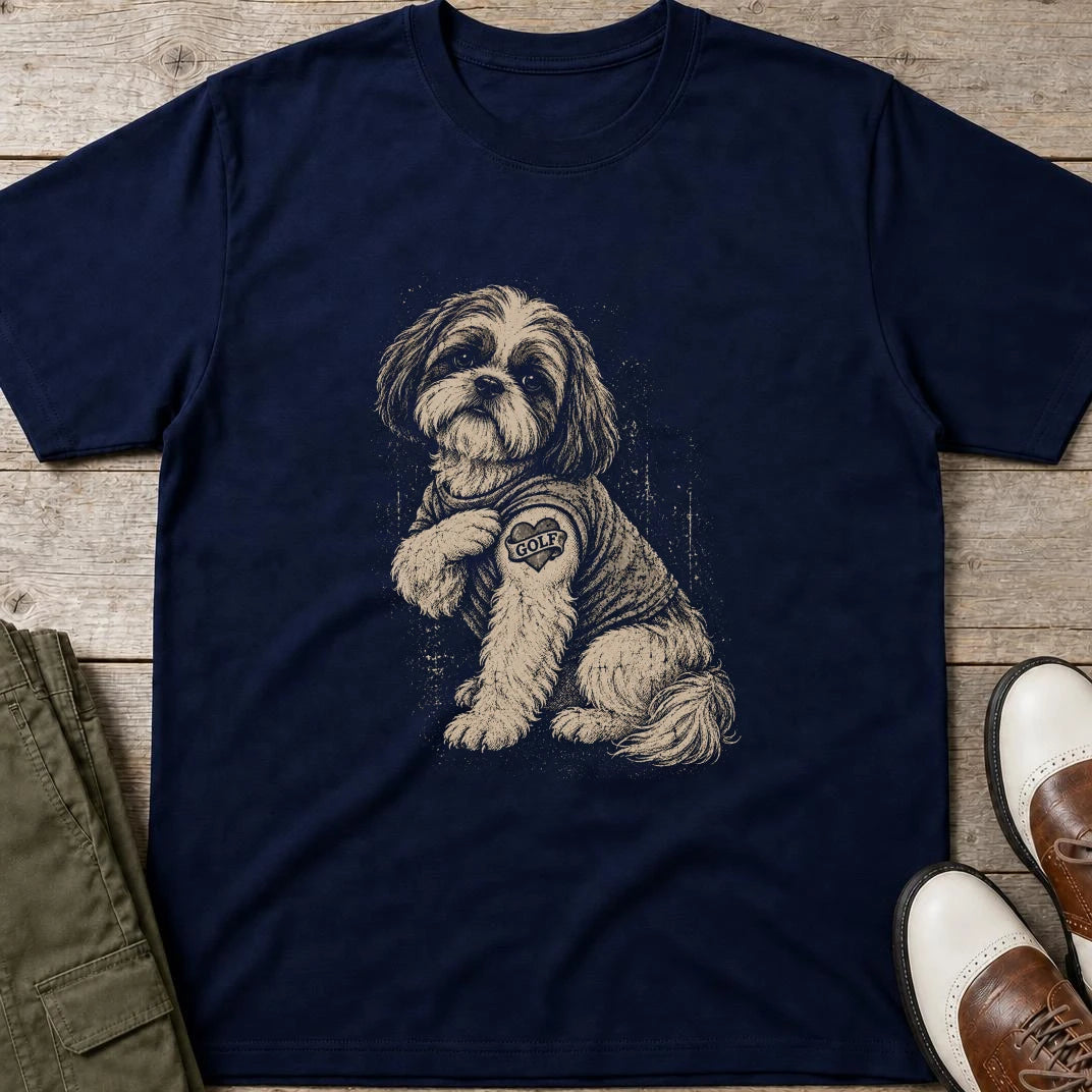 Shih Tzu T-Shirt in Navy lying on a plain floor. T-shirt is a unisex cut and 100 per cent cotton.