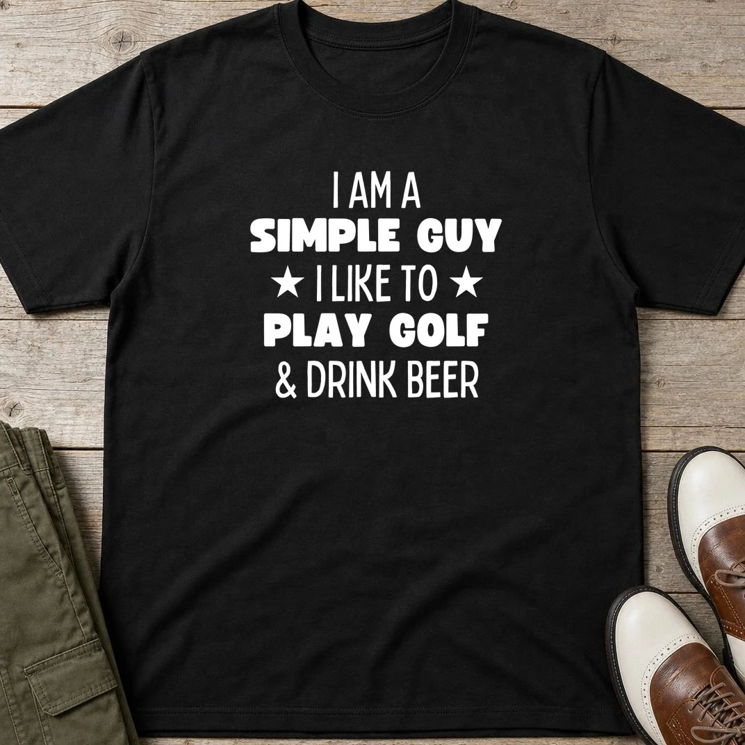 Simple Guy T-Shirt in Black lying on a plain floor. T-shirt is a unisex cut and 100 per cent cotton.
