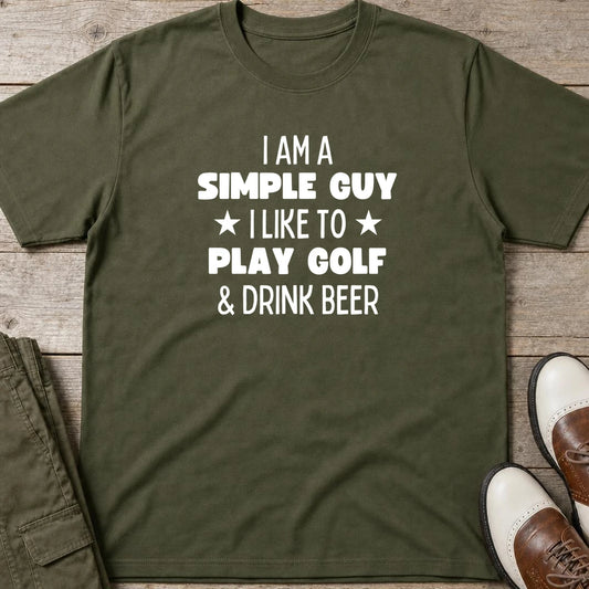Simple Guy T-Shirt in Military Green lying on a plain floor. T-shirt is a unisex cut and 100 per cent cotton.