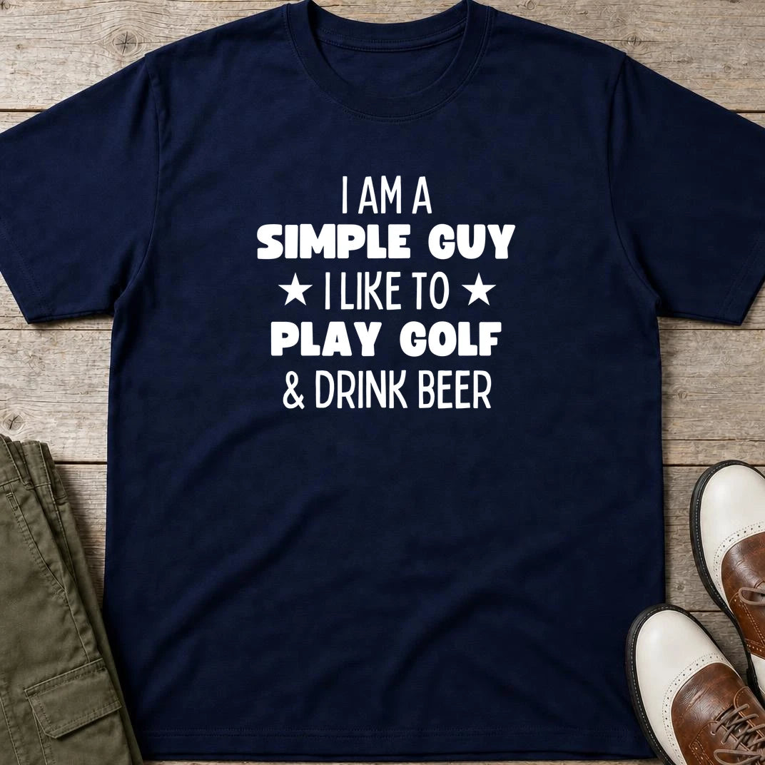 Simple Guy T-Shirt in Navy lying on a plain floor. T-shirt is a unisex cut and 100 per cent cotton.