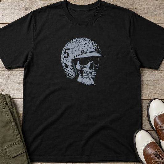 Skull Golfer T-Shirt in Black lying on a plain floor. T-shirt is a unisex cut and 100 per cent cotton.