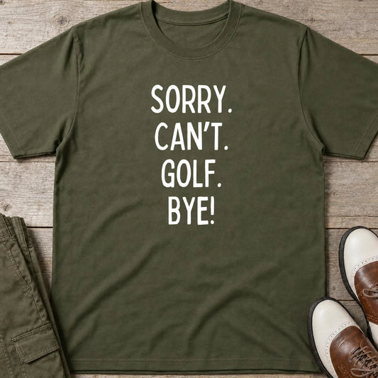 Sorry. Golf T-Shirt in Military Green lying on a plain floor. T-shirt is a unisex cut and 100 per cent cotton.