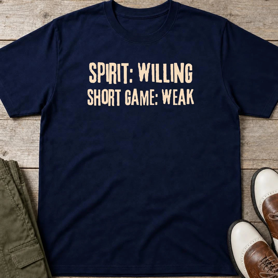 Spirit Willing T-Shirt in Navy lying on a plain floor. T-shirt is a unisex cut and 100 per cent cotton.