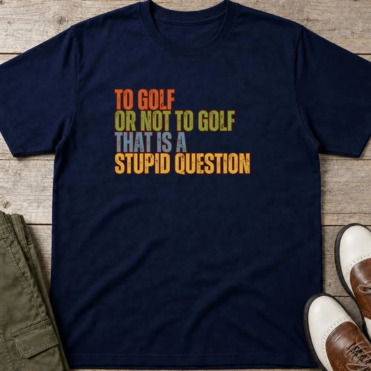 Stupid Question T-Shirt in Navy lying on a plain floor. T-shirt is a unisex cut and 100 per cent cotton.