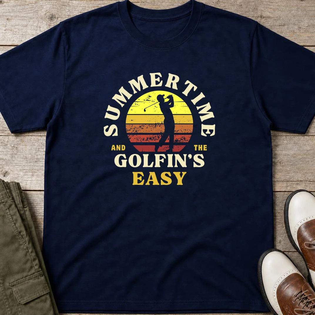 Summertime T-Shirt in Navy lying on a plain floor. T-shirt is a unisex cut and 100 per cent cotton.