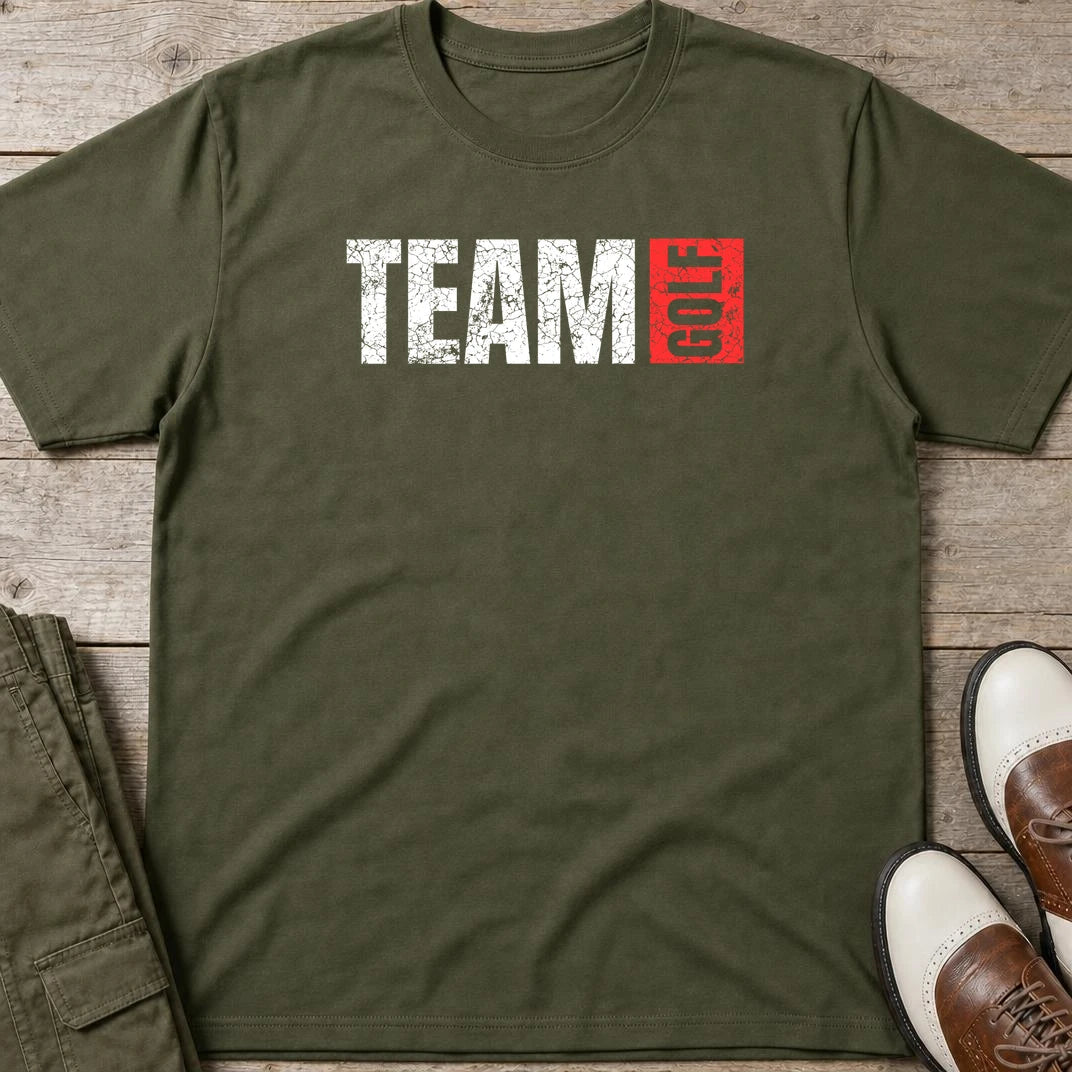 Team Golf T-Shirt in Military Green lying on a plain floor. T-shirt is a unisex cut and 100 per cent cotton.