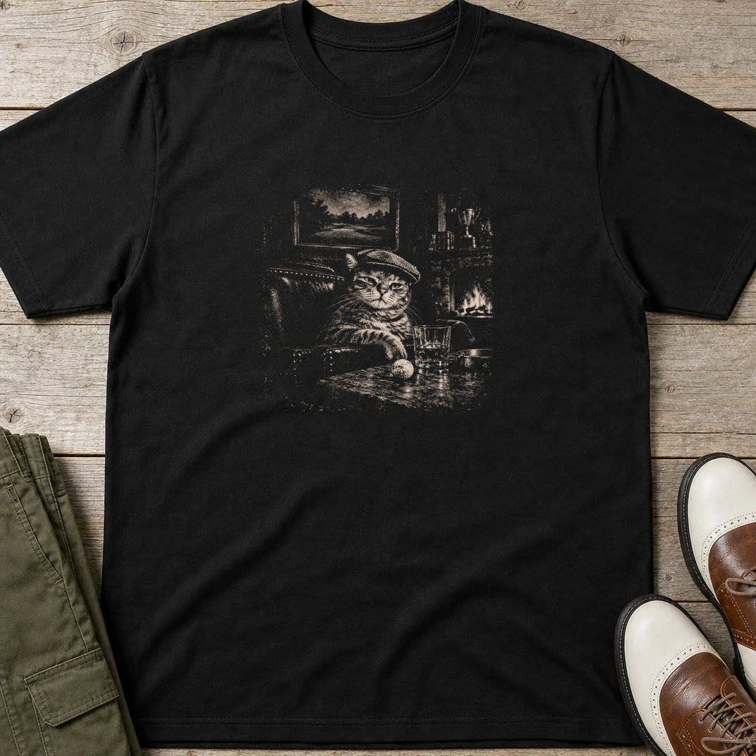 Tabby Cat Golf T-Shirt in lying on a plain floor. T-shirt is a unisex cut and 100 per cent cotton.