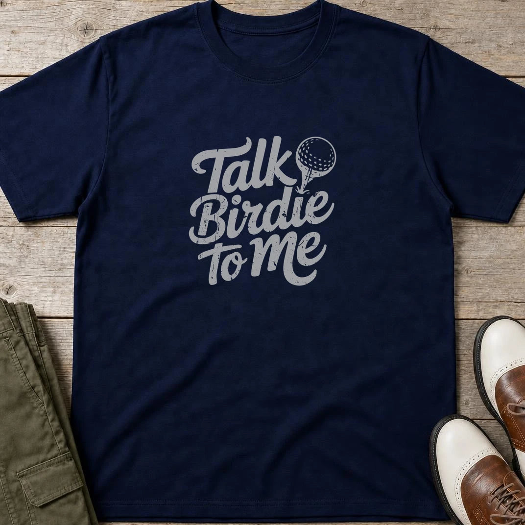 Talk Birdie T-Shirt in Navy lying on a plain floor. T-shirt is a unisex cut and 100 per cent cotton.