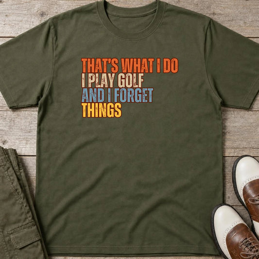 What I Do T-Shirt in Military Green lying on a plain floor. T-shirt is a unisex cut and 100 per cent cotton.