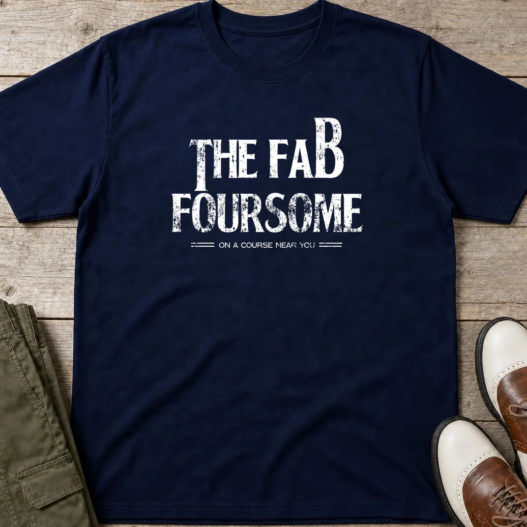 Fab Foursome T-Shirt in Navy lying on a plain floor. T-shirt is a unisex cut and 100 per cent cotton.