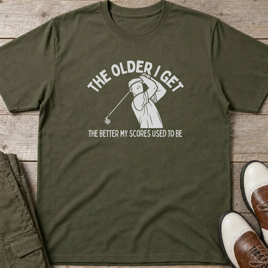 Older I Get T-Shirt in Military Green lying on a plain floor. T-shirt is a unisex cut and 100 per cent cotton.