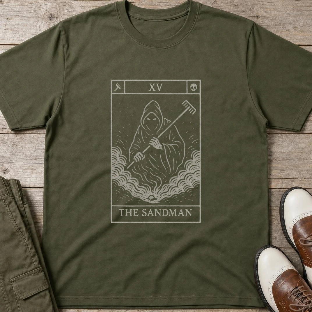 Sandman T-Shirt in Military Green lying on a plain floor. T-shirt is a unisex cut and 100 per cent cotton.