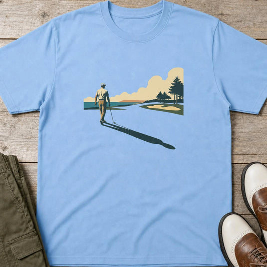 The Walk T-Shirt in Light Blue lying on a plain floor. T-shirt is a unisex cut and 100 per cent cotton.