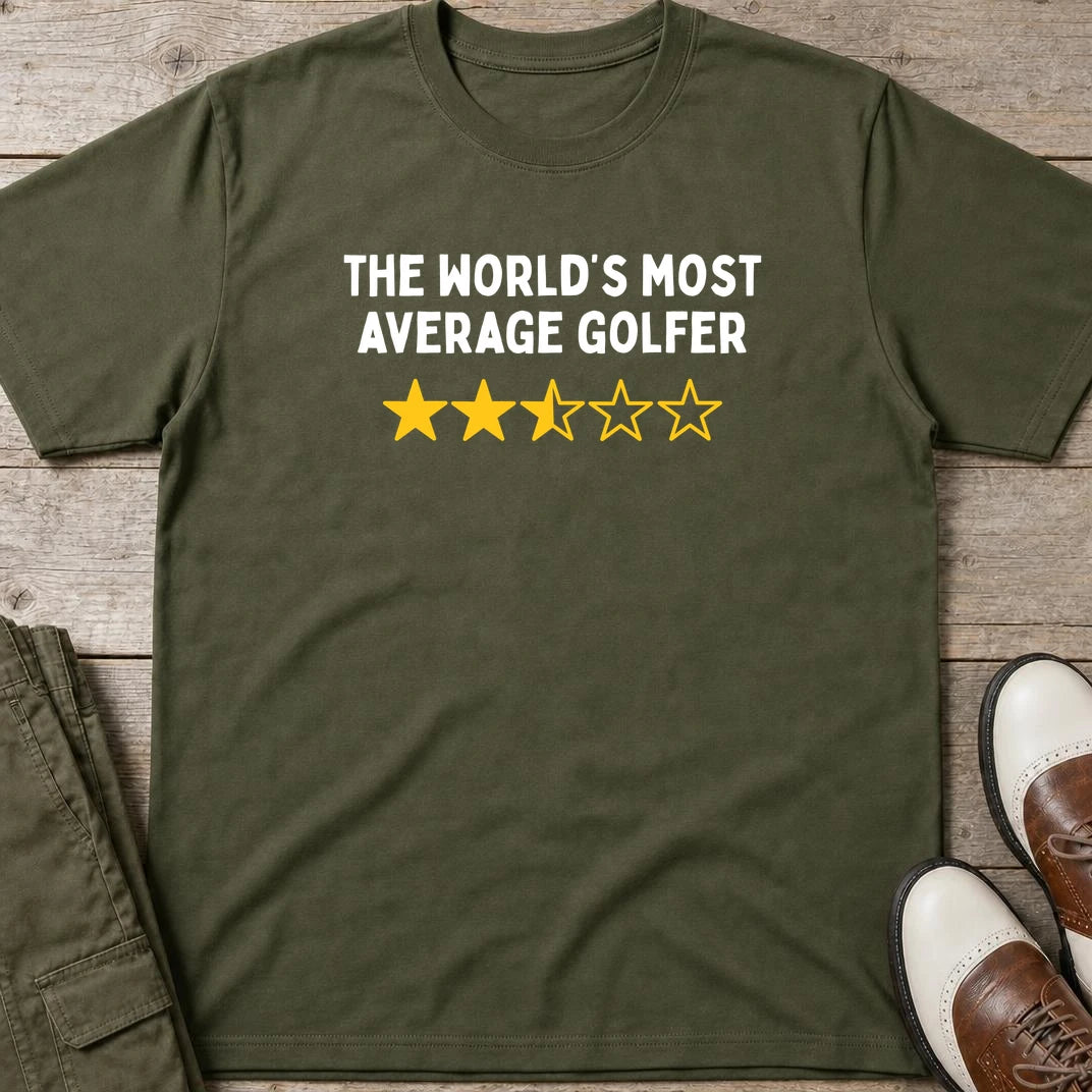 Most Average T-Shirt in Military Green lying on a plain floor. T-shirt is a unisex cut and 100 per cent cotton.