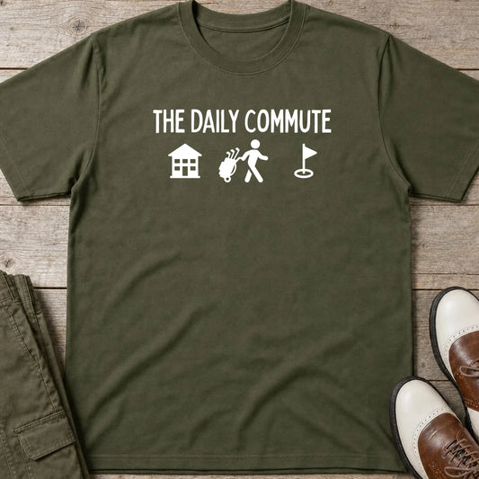Daily Commute T-Shirt in Military Green lying on a plain floor. T-shirt is a unisex cut and 100 per cent cotton.