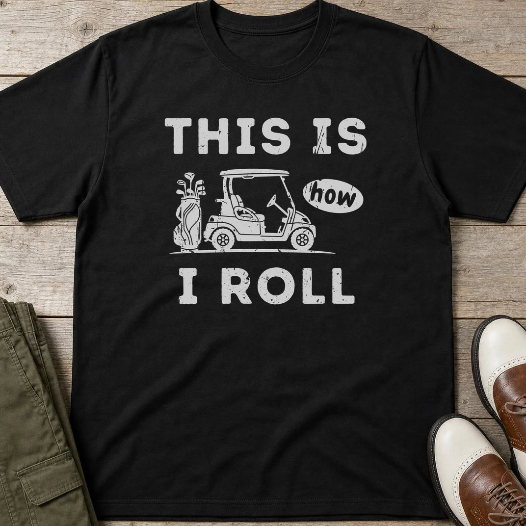 How I Roll T-Shirt in Black lying on a plain floor. T-shirt is a unisex cut and 100 per cent cotton.
