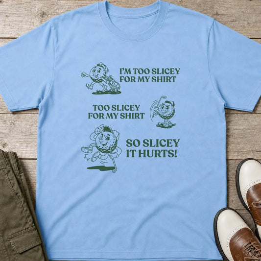 Too Slicey T-Shirt in Light Blue lying on a plain floor. T-shirt is a unisex cut and 100 per cent cotton.