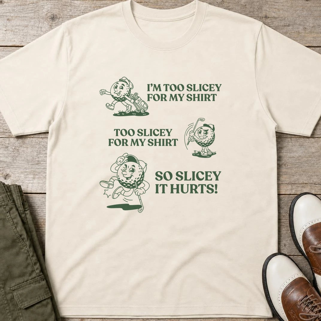 Too Slicey T-Shirt in Natural lying on a plain floor. T-shirt is a unisex cut and 100 per cent cotton.