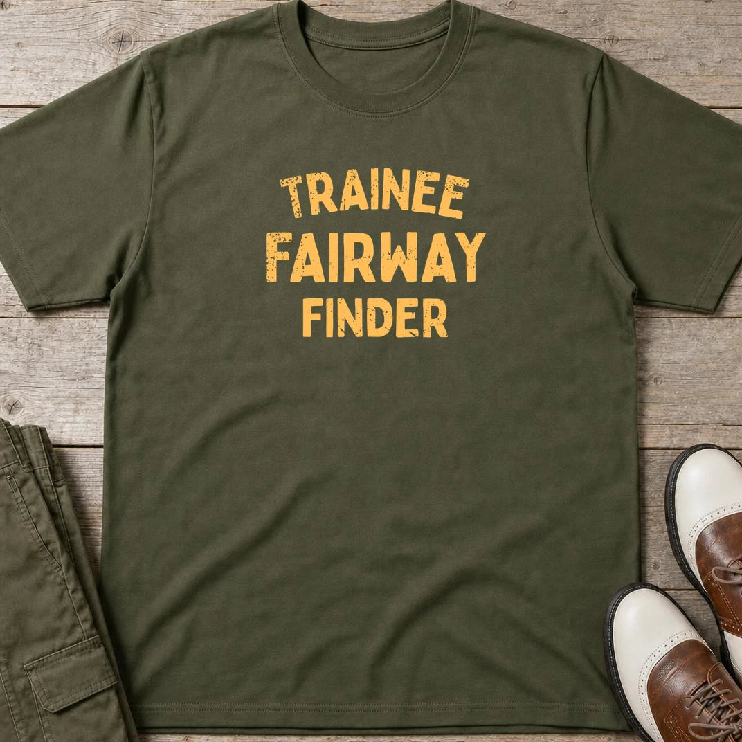 Fairway Finder T-Shirt in Military Green lying on a plain floor. T-shirt is a unisex cut and 100 per cent cotton.