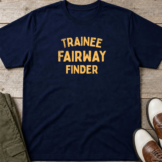 Fairway Finder T-Shirt in Navy lying on a plain floor. T-shirt is a unisex cut and 100 per cent cotton.