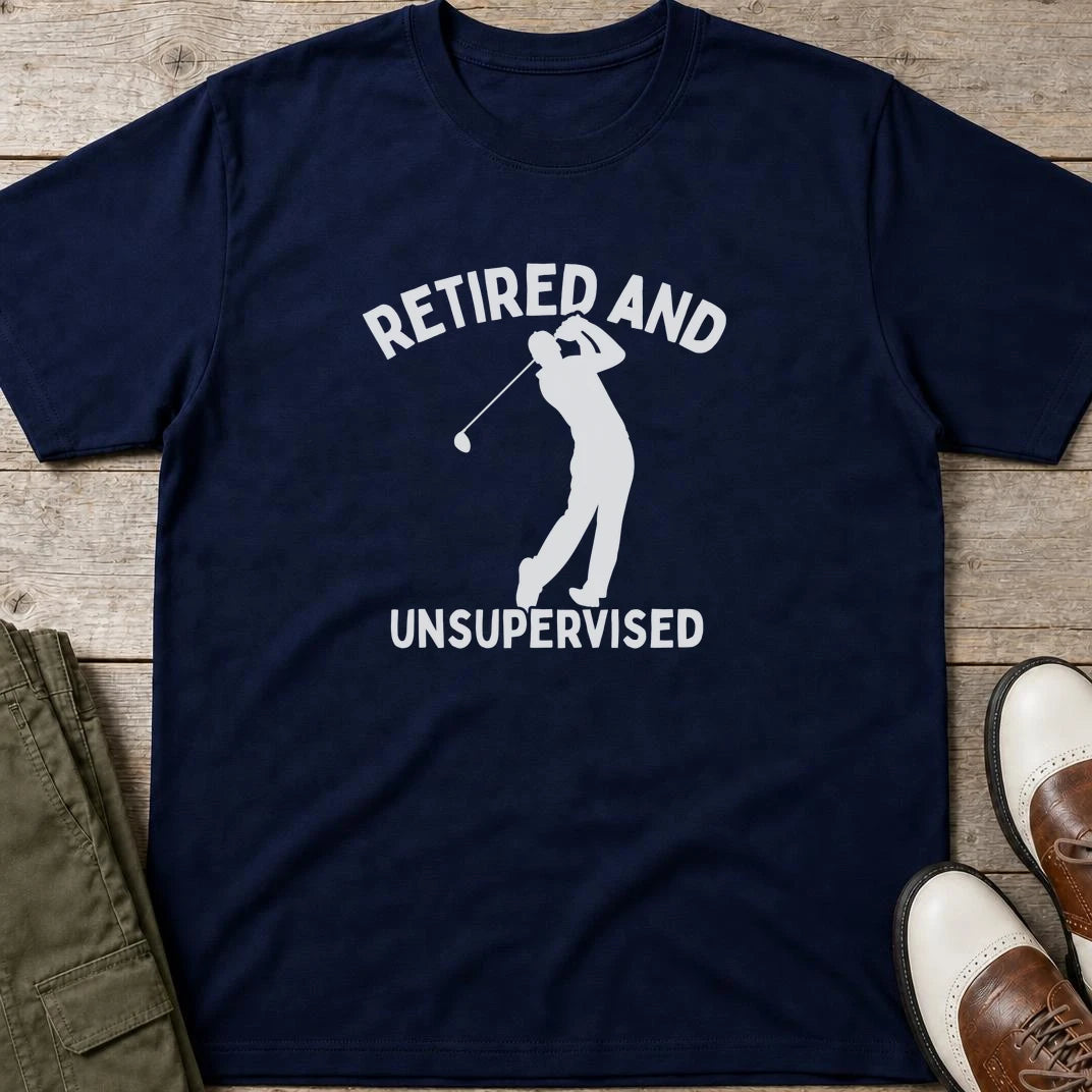 Unsupervised T-Shirt in Navy lying on a plain floor. T-shirt is a unisex cut and 100 per cent cotton.