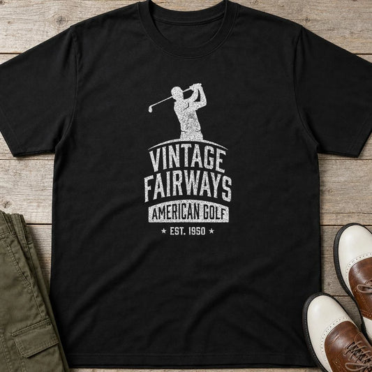 Vintage Fairways T-Shirt in Black lying on a plain floor. T-shirt is a unisex cut and 100 per cent cotton.