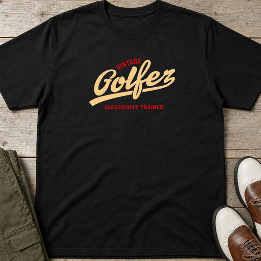 Vintage Golfer II T-Shirt in lying on a plain floor. T-shirt is a unisex cut and 100 per cent cotton.