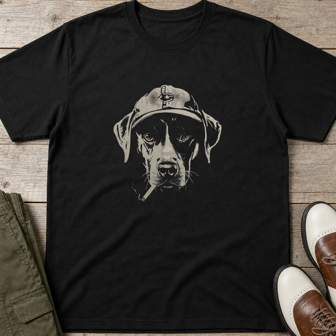 Vintage Dog T-Shirt in Black lying on a plain floor. T-shirt is a unisex cut and 100 per cent cotton.