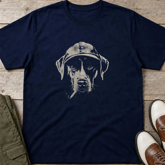 Vintage Dog T-Shirt in Navy lying on a plain floor. T-shirt is a unisex cut and 100 per cent cotton.