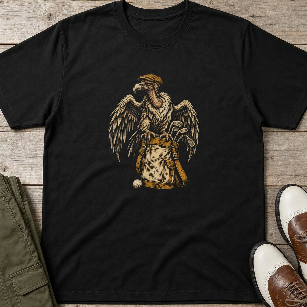 Golfing Vulture T-Shirt in Black lying on a plain floor. T-shirt is a unisex cut and 100 per cent cotton.