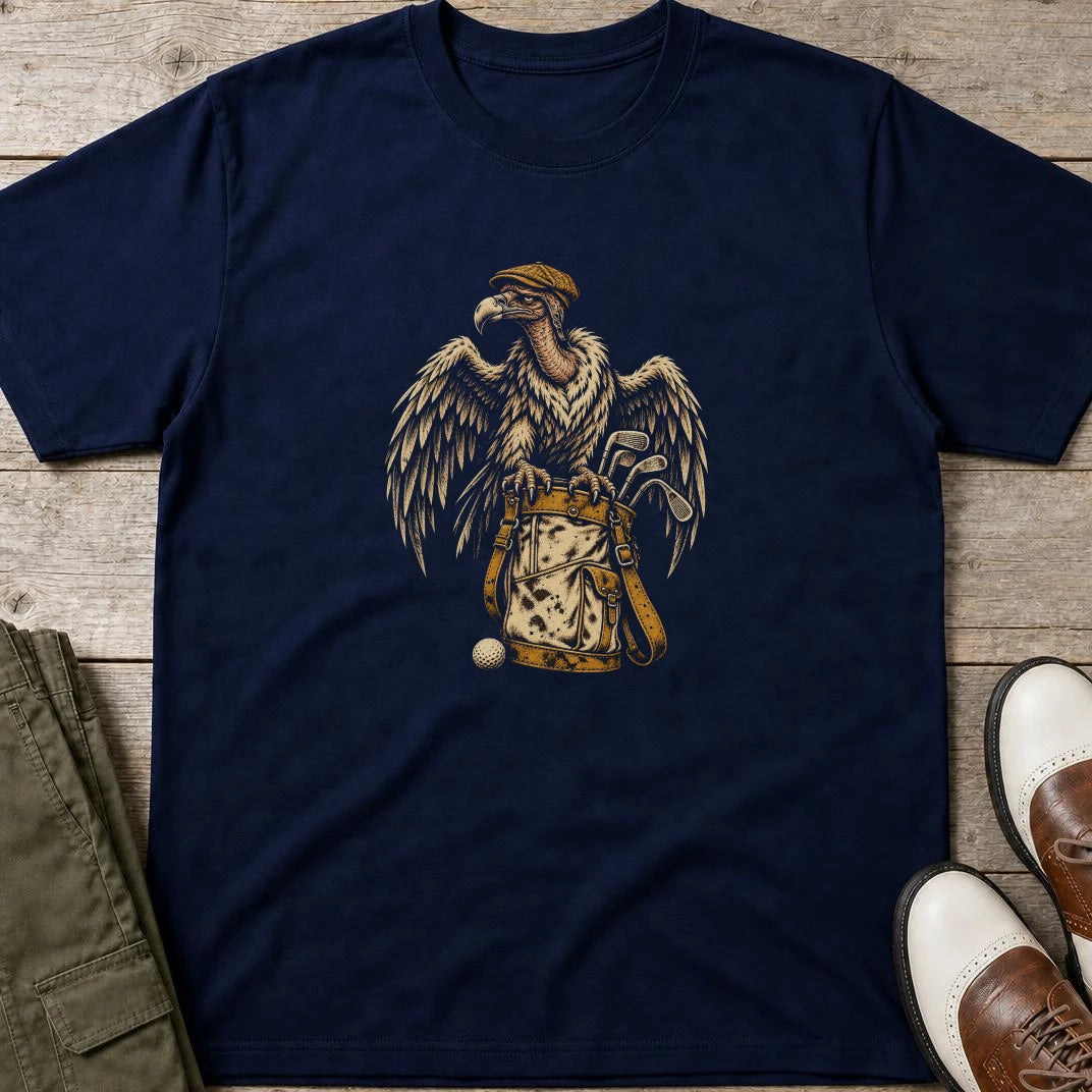 Golfing Vulture T-Shirt in Navy lying on a plain floor. T-shirt is a unisex cut and 100 per cent cotton.