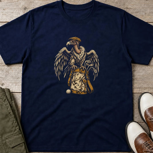 Golfing Vulture T-Shirt in Navy lying on a plain floor. T-shirt is a unisex cut and 100 per cent cotton.