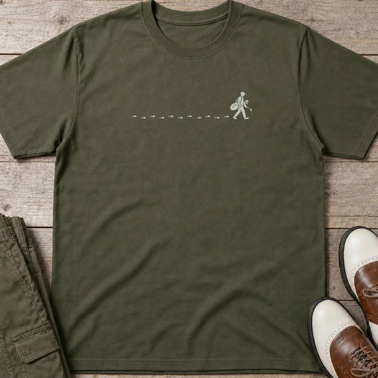 Walking Golfer T-Shirt in Military Green lying on a plain floor. T-shirt is a unisex cut and 100 per cent cotton.