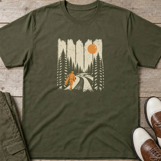 Walking The Fairway T-Shirt in Military Green lying on a plain floor. T-shirt is a unisex cut and 100 per cent cotton.