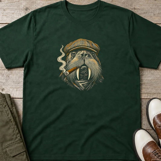 Walrus Golfer T-Shirt in Forest Green lying on a plain floor. T-shirt is a unisex cut and 100 per cent cotton.