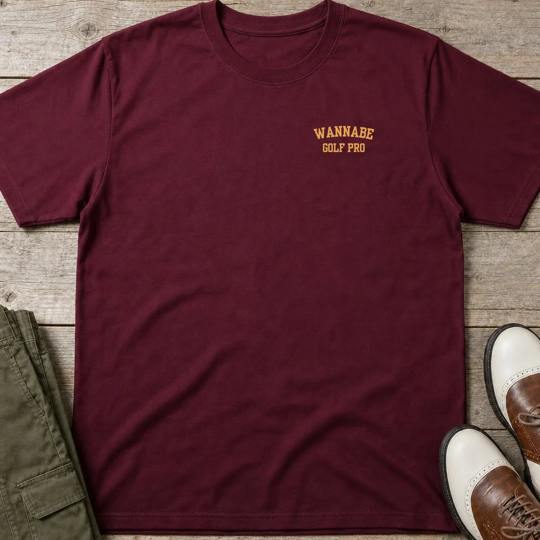 Wannabe Pocket T-Shirt in Maroon lying on a plain floor. T-shirt is a unisex cut and 100 per cent cotton.